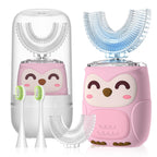 PVOGRT Kids Electric U Shaped Toothbrush Kids Sonic Toothbrush with 4 Soft Brush Head Automatic Rechargeable 6 Cleaning Modes 360 Degree Cleaning-(Age8-15 Pink)