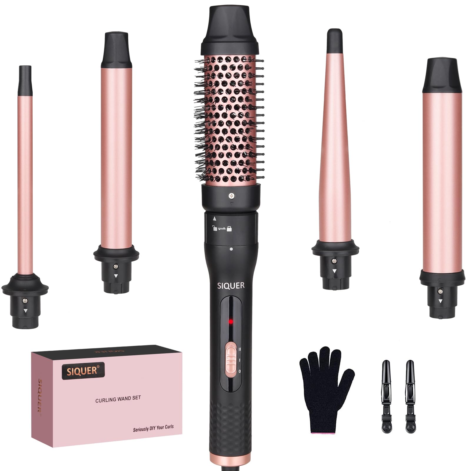 5 in 1 Curling Wand Set - SIQUER Curling Iron Set 1/2 to 1 1/4 Inch Beach Waves Wands 1 1/2 Inch Thermal Brush Fast Heating Up Hair Curlers for Women with Protective Gloves Clamps (Rose Black)