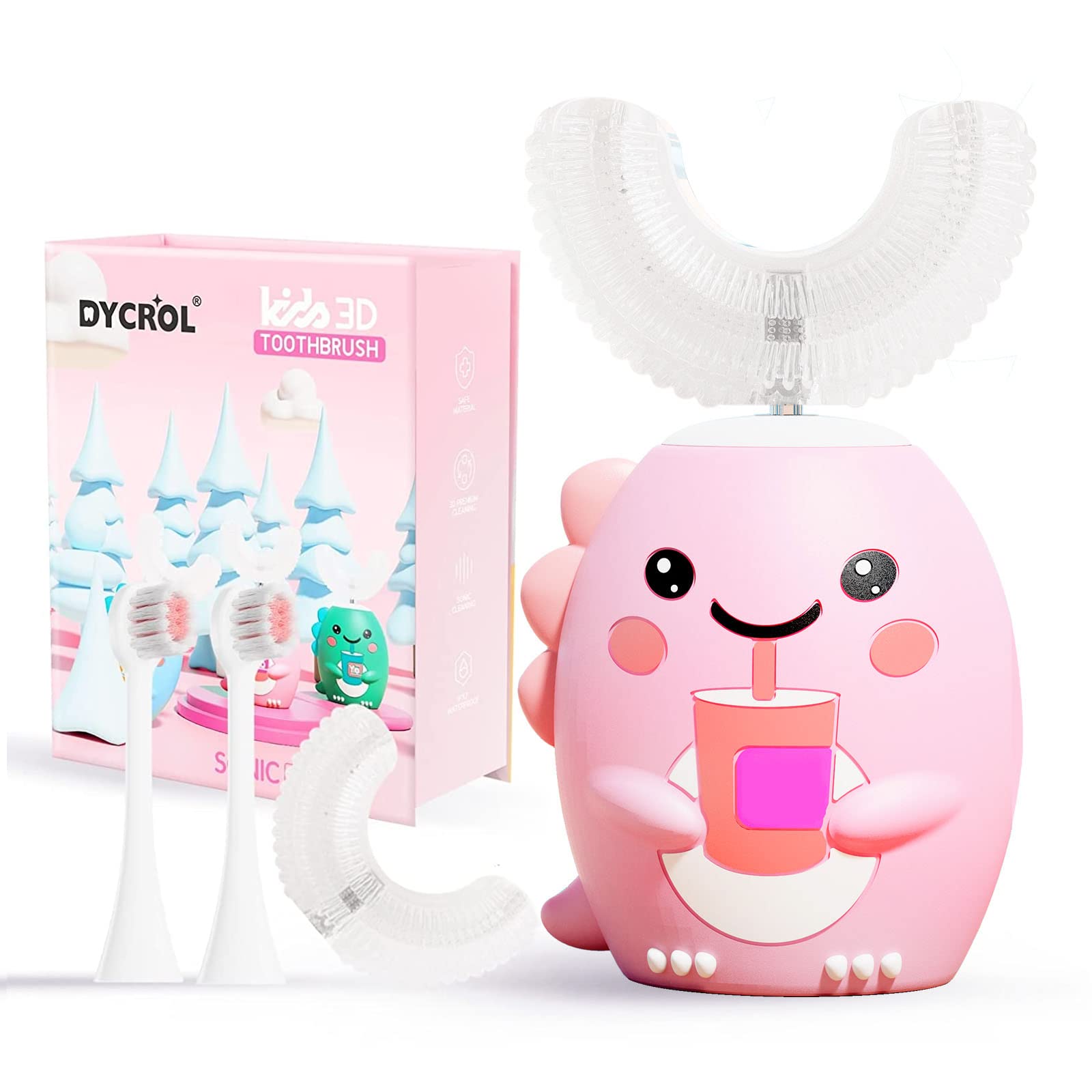 Kids U Shaped Electric Toothbrush with 4 Brush Heads Sonic Toothbrush Kids with 5 Modes Cartoon Dinosaur 360-Degree Cleaning IPX7 Waterproof Design (6-12 Age (Pink))