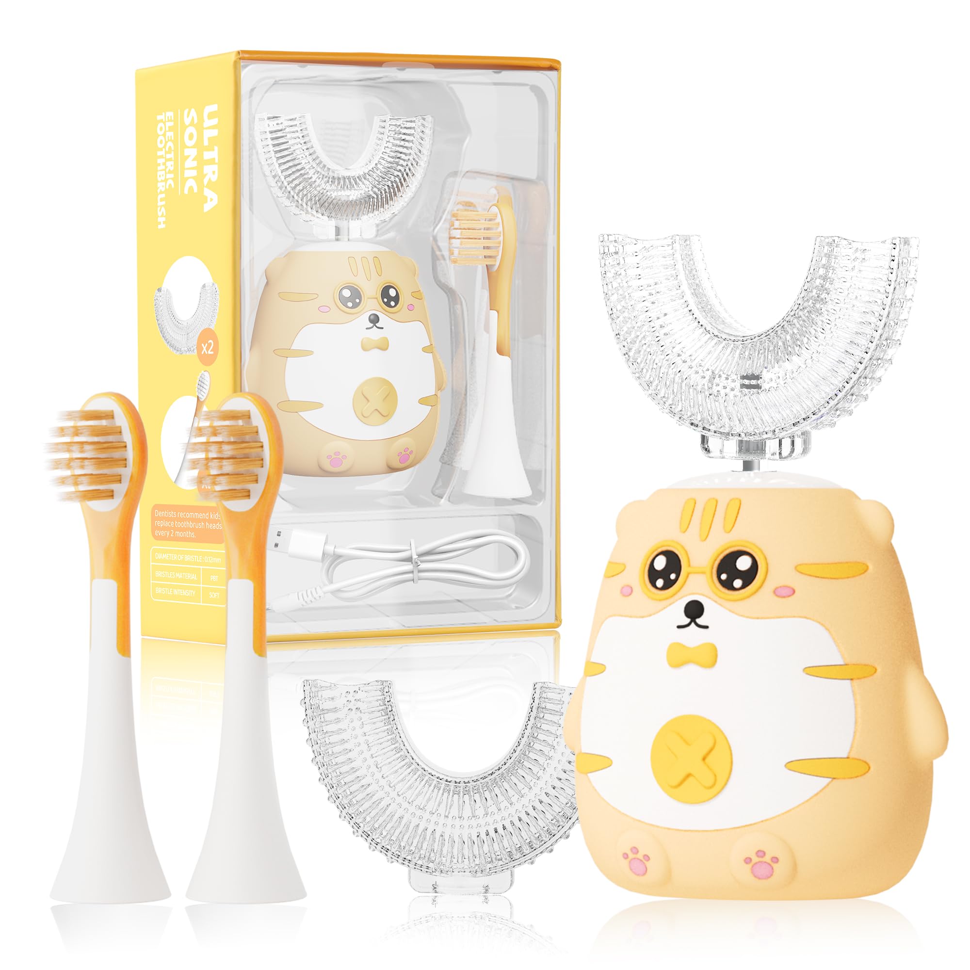 OralGos Ultrasonic Kid U-Shaped Electric Toothbrush Tiger Cartoon Kid Toothbrush with 4 Brush Heads 60S Smart Reminder 5 Cleaning Modes IPX7 Waterproof(Ages 6-14)
