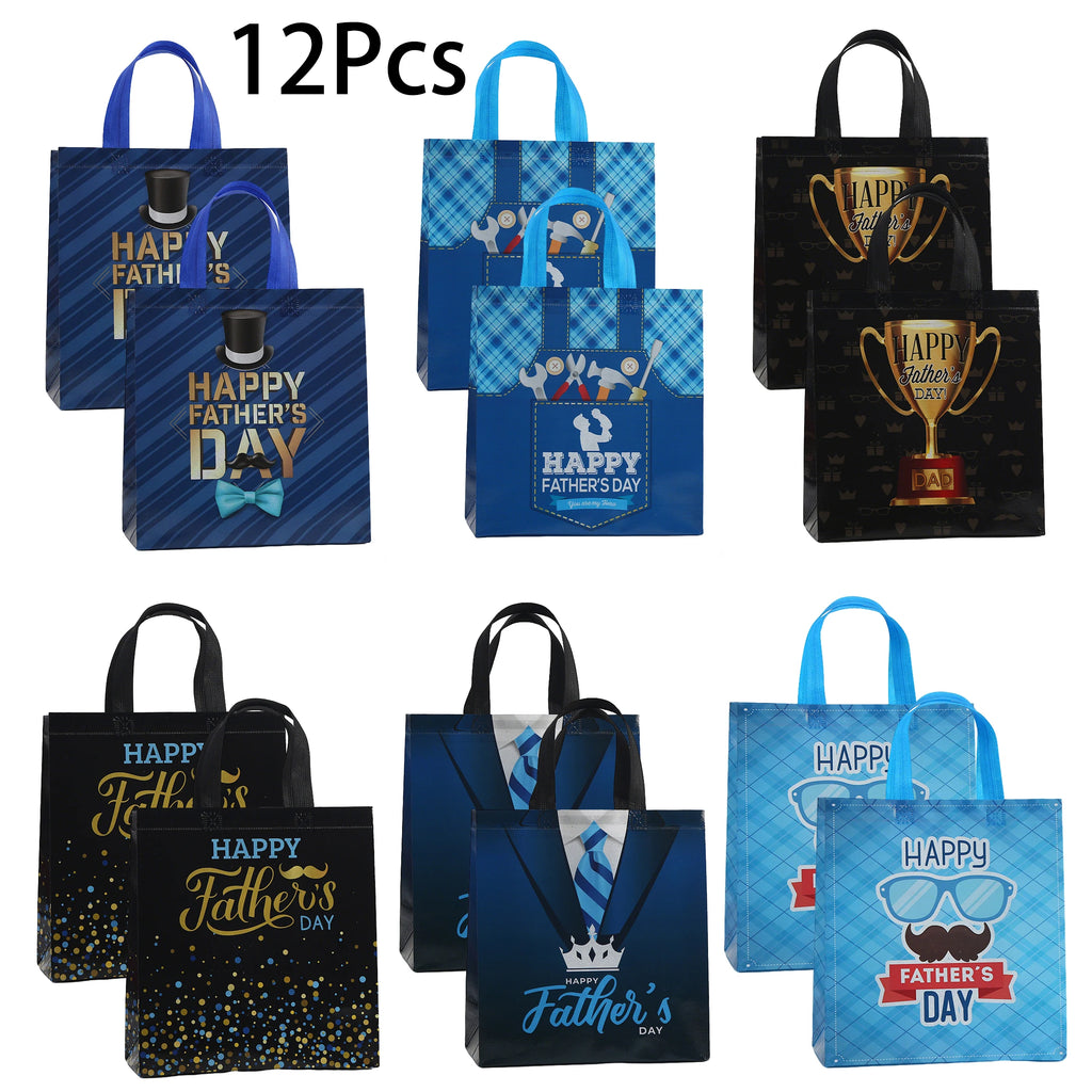 12Pcs Father's Day Theme Non Woven Gift Packing Bag Tie Best Dad Candy Cookie Tote Bag for Father Day Birthday Party Decoration