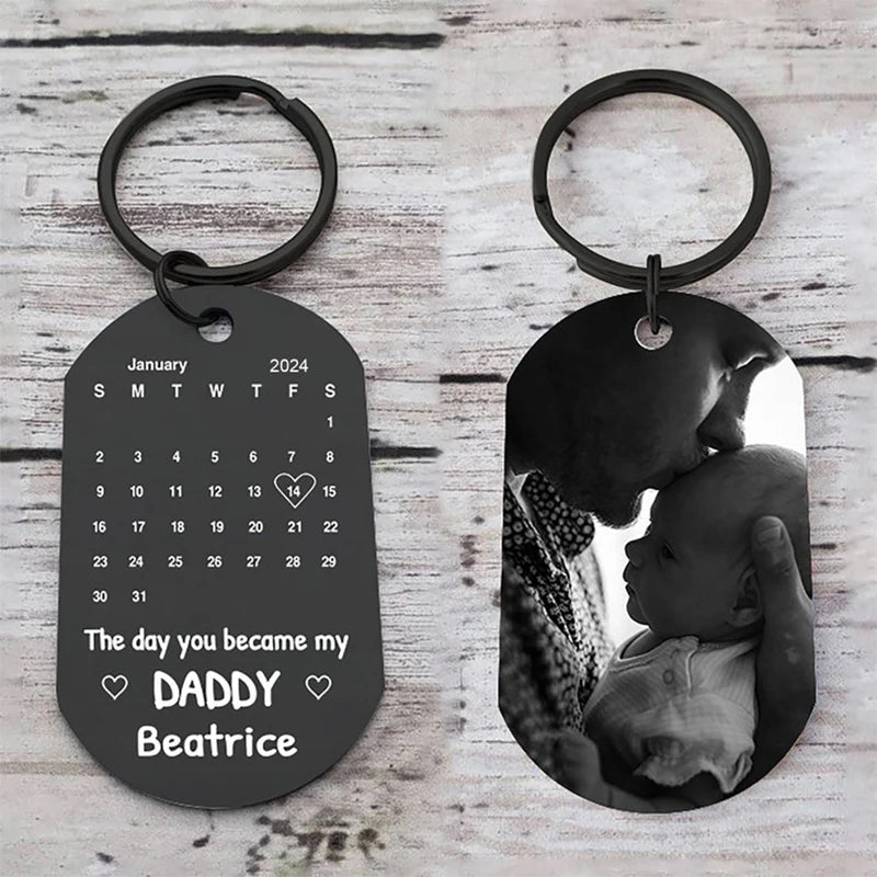 Father's Day Custom Photo Keychain Commemorative The Day You Became My Daddy Stainless Steel Keyring Personalized Gift For Daddy