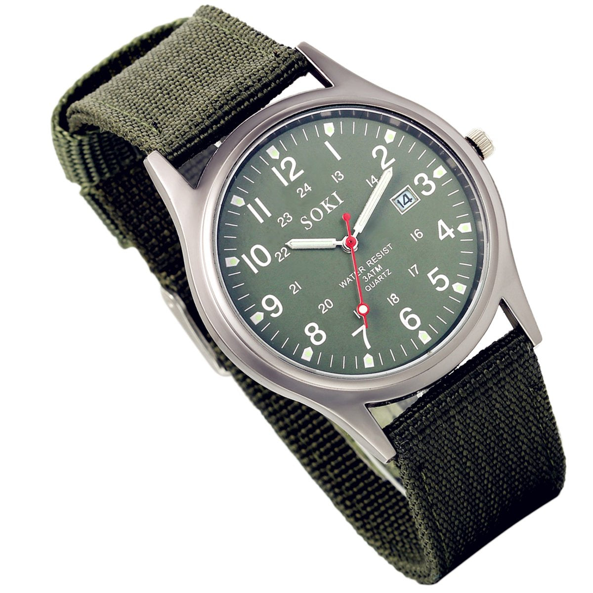 Lancardo Analog Quartz Watch with Woven Nylon Band Calendar Luminous Hand Military Time 24H (Army Green) for Fathers Day