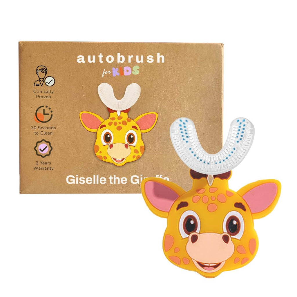 autobrush U Shaped Kids Manual Toothbrush- 360° Design for 5.1X Better Cleaning with Unique Nylon Bristles Comfort Grip Handle Waterproof Design Ages 9-12 Giraffe (Double-Sided)